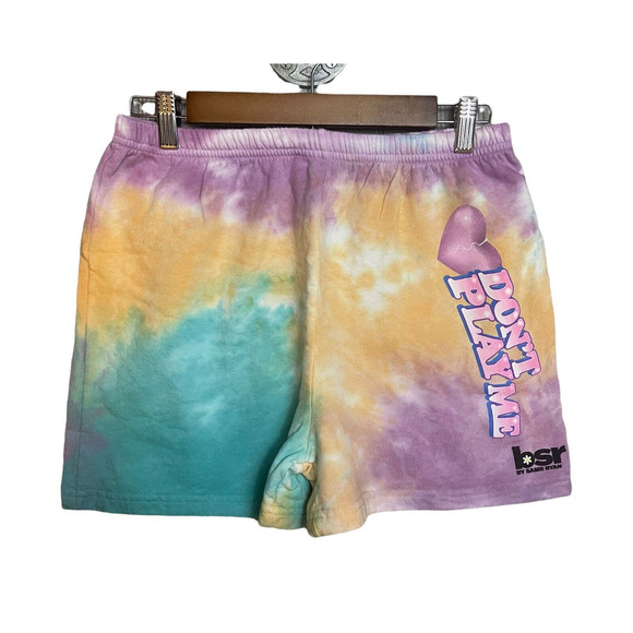 By Samii Ryan Orange Purple and Blue "Don't Play Me" Tie Dye Sweat Shorts Size L - Picture 1 of 7
